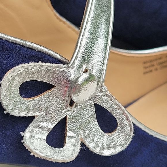 Penny Loves Kenny Requium Size 8 Navy/Silver Block Heel Almond Toe Retro Feel - Picture 5 of 10